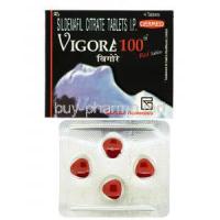 Generic Viagra, Sildenafil Citrate tablets I.P. , Vigore 100, 4 tabs, german Remedies, box and blister pack front presentation