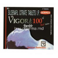 Generic Viagra, Sildenafil Citrate tablets I.P. , Vigore 100, 4 tabs, german Remedies, box front presentation