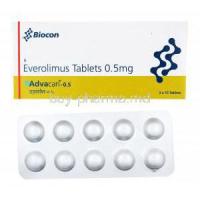 Advacan, Everolimus tablets, 0.5mg, 3x 10 tabs, Biocon, box and blister pack front presentation
