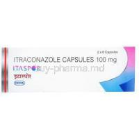 Generic Sporanox, Itraconazole Capsule, 100 mg 16 caps, Intas, Itaspor, Box front presentation