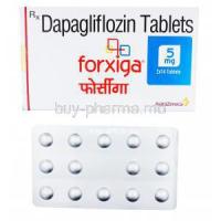 Forxiga, Dapagliflozin , 5mg 28tabs, AstraZeneca, box and blister pack front view