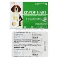 Kiwof Hart Chewable Tabs for medium Dogs(12-22kg), Ivermectin/ Pyrantel, 136mcg/114mg, Box front presentation and blister pack back presentation with information, SavaVet