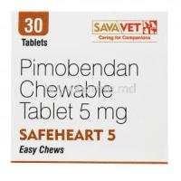 Safeheart 5 easy chews, Pimobendan Chewable Tablet 5mg, 30 tabs, SavaVet, box top presentation