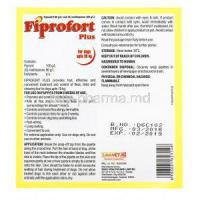 Fiprofort Plus, Fipronil, S-Methoprene, box back presentation with information, for dogs up to 10kg, 100g/L , 90g/L spot on solution, application instructions, caution, storage and warning label.