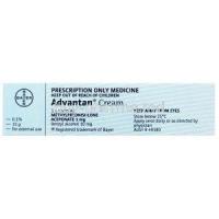 Advantan Ointment/cream, Methylprednisolone Aceponate, 0.1% 15g, box back presentation with content information and warning label