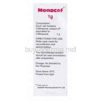 Generic  Rocephin, Ceftriaxone Sodium Injection, Monocef 1g, box side presentation with information on composition and directions of use