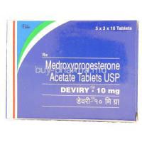 Deviry, Generic  Provera,  Medroxyprogestrone  10 Mg Tablet Box