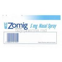 Zomig, Zolmitriptan Nasal Spray 6 pre-filled nasal spray devices, 5 mg, AstraZeneca, box bottom presentation