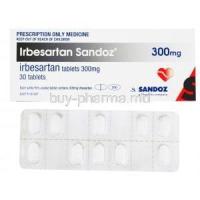 Irbesartan Sandoz, 300mg 30 tabs, Box and blister pack front presentation