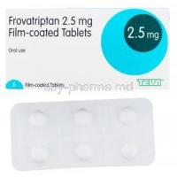 Frovatriptan 2.5mg 6 tabs, TEVA, box and blister pack front presentation
