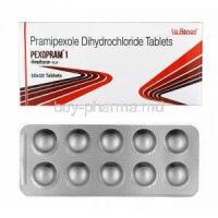 Pexopram, Pramipexole 1mg box and tablets