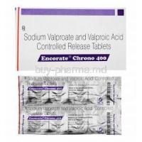 Encorate Chrono, Valproic Acid 116mg and Sodium Valproate 266.66mg box and tablets