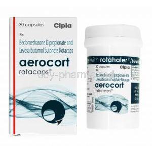 Aerocort Rotacap, Levosalbutamol and Beclometasone box and capsule bottle