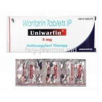 Uniwarfin, Warfarin 5mg box and tablets