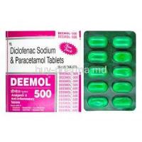 Deemol, Diclofenac and Paracetamol box and tablets