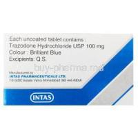 Trazonil, Trazodone Hydrochloride 100 mg Tablet (Intas), box back presentation