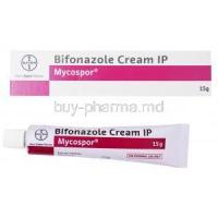 Mycospor, Bifonazole cream IP, 15g 10mg, Bayer, box and tube front presentation