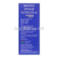 Super Lash, Bimatoprost Ophthalmic solution 0.03%, 3ml, box side presentation with dosage, warning and manufacturing information