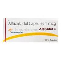 Alphadol-1, Alfacalcidol capsules 1mcg, Panacea Biotec, box front presentation