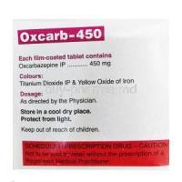 Oxcarb-450, Oxcarbazepine tablets, Cipla, box side presentation with information