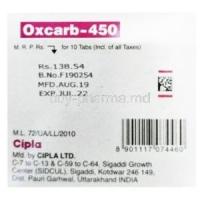 Oxcarb-450, Oxcarbazepine tablets, Cipla, box side presentation with manufacturer information