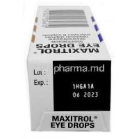 Maxitrol eye drops, Dexamethasone 0.1%/ Neomycin 3500 IU(3.5mg)/ Polymyxin B 6000 IU,Eye drop 5ml,Novartis UK,,Box top view
