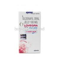 Lovegra Oral Jelly, Sildenafil 100mg, 5g X 7 sachets Oral Jelly, Ajanta Pharma, Box front view