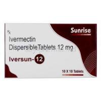 Iversun 12, Ivermectin 12mg, 10tablets, Sunrise remedies, Box front view