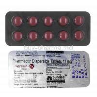 Iversun 12, Ivermectin 12mg, 10tablets, Sunrise remedies, Blisterpack front and back view
