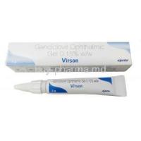 Virson Gel, Ganciclovir 0.15%, Eye Drops (Gel) 5g, Ajanta Pharma, Box, Tube  front view