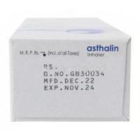 Asthalin Inhaler CFC Free, Salbutamol 100mcg,Inhaler 200 MD, Box information, Mfg date, Exp date