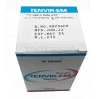 Tenvir-EM, Emtricitabine 200 mg / Tenofovir Disoproxil Fumarate 300 mg, 30 tablets, Cipla, Box information, Mfg date, Exp date