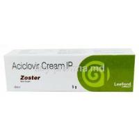 Zoster Cream, Acyclovir 5%, Cream 5g, Leeford Healthcare Ltd, Box front view