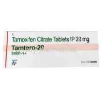 Tamtero 20, Tamoxifen 20mg, Hetero Drugs Ltd, Box front view