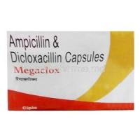 Megaclox, Ampicillin 250 mg/Cloxacillin 250 mg 10 capsules, Cipla, Box front view