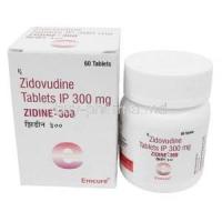 Zidine, Zidovudine 300mg, 60tablets, Emcure Pharmaceuticals Ltd, Box, Bottle front view