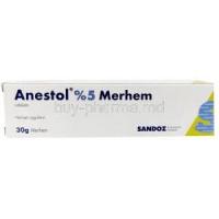 Anestol Ointment, Lidocaine 5%, Ointment 30 g, Box back view