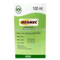 Neomec Injection, Ivermectin 1%, Injection Vial 100mL, Intas Pharmaceuticals Ltd, Box information, Mfg date, Exp date