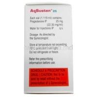 Aqsusten Injection, Progesterone 25mg, Vial 1.119mL,Sun Pharma, Box information, Caution