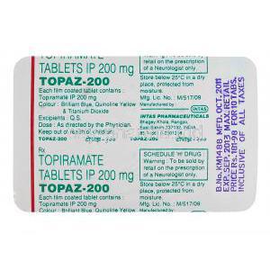 Topaz-200, Generic Topamax, Topiramate 200mg blister pack information