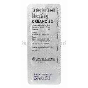 Creanz 32, Generic Atacand, Candesartan Cilexetil 32mg blister pack information