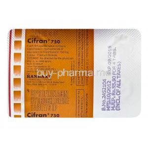 Cifran 750, Generic Cipro, Ciprofloxacin 750mg Tablet Strip Information