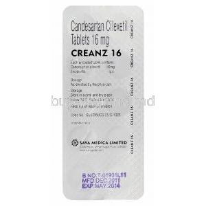 Creanz 16, Generic Atacand, Candesartan Cilexetil 16mg Blister Pack Information