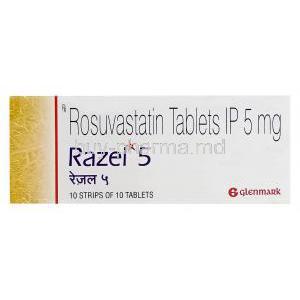 Razel 5, Generic Crestor, Rosuvastatin 5mg Box
