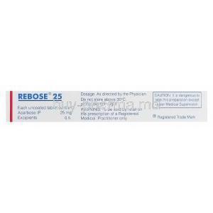 Rebose 25, Generic Precose, Acarbose 25mg Box Composition