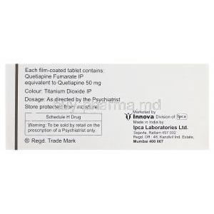 Quel-50, Generic Seroquel, Quetiapine Fumarate 50mg Box Information