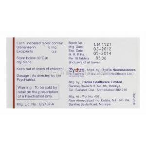 Elicia 8, Generic Lonasen, Blonanserin 8mg Box Information