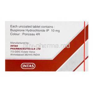 Buspin-10, Generic Buspar, Buspirone Hydrochloride 10mg Box Intas Manufacturer