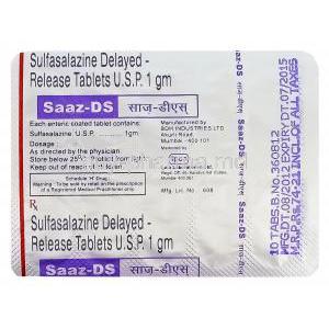 Saaz-DS, Generic Azulfidine, Sulfasalazine 1gm Delayed Release Blister Pack Information