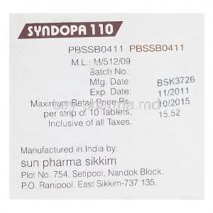 Syndopa 110, Generic Sinemet, Levodopa 100mg and Carbidopa 10mg Box Sun Pharma Manufacturer